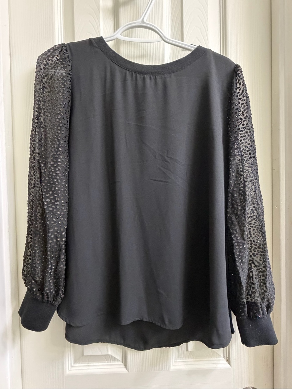 LOFT Black Blouse with Sequined Sheer Sleeves